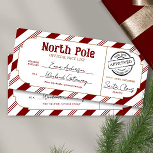 North Pole Christmas Gift Vaucher Nice List Ticket