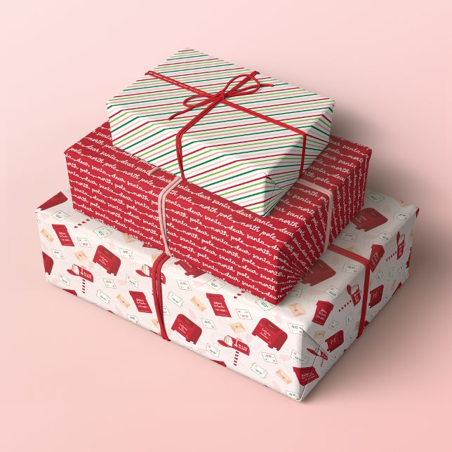 North Pole Christmas Mail, Lettering and Stripes Wrapping Paper Sheet (Set of 3 North Pole Mail Christmas Patterns in Red, Pastel Pink and Green)