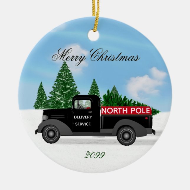 North Pole Delivery Truck - Ceramic Christmas Tree Decoration (Front)