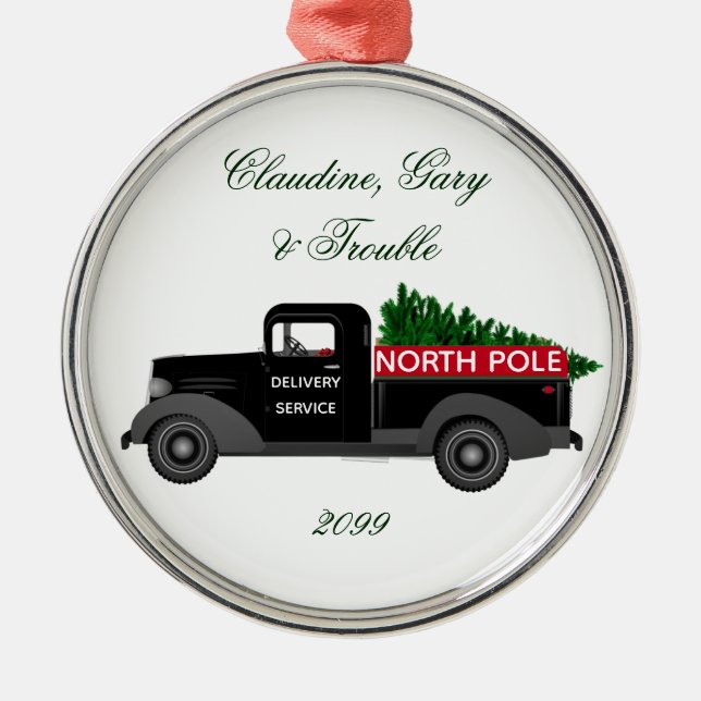 North Pole Delivery Truck - Premium Round Metal Tree Decoration (Front)