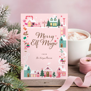 North Pole Elf Workshop Santa Claus Pink Village Holiday Card