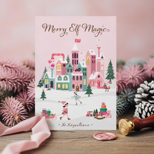North Pole Elf Workshop Santa Claus Pink Village Holiday Card