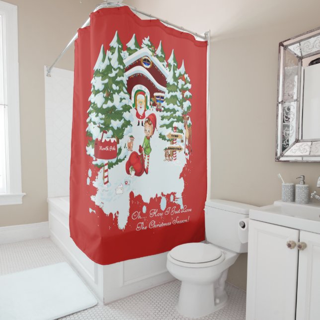 North Pole Elves, Santa Claus and Wildlife Shower Curtain (In Situ)