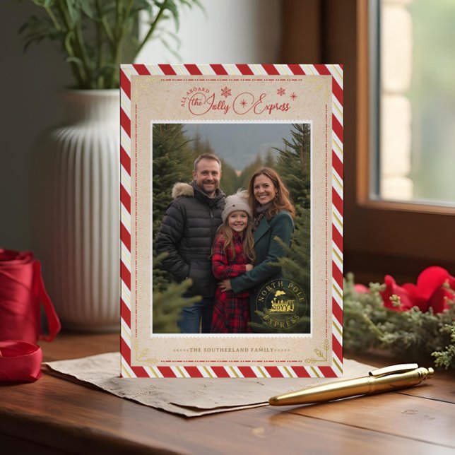 North Pole Express Train Ticket Christmas Photo (North Pole Express Train Ticket Christmas Photo Ho Foil Holiday Card)