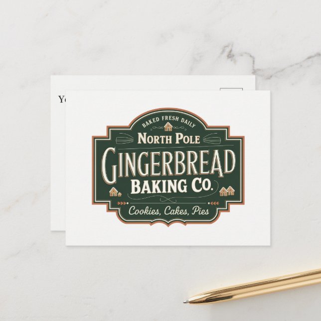 North Pole Gingerbread Baking Company add message Holiday Postcard (Front/Back In Situ)