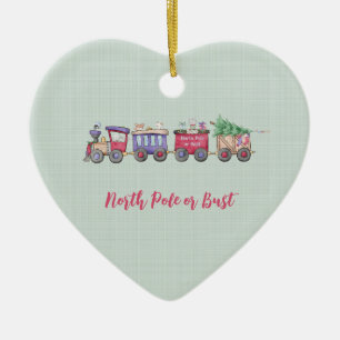 North Pole or Bust Choo Choo Train Custom Heart Ceramic Tree Decoration
