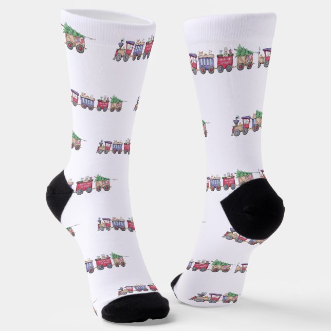 North Pole or Bust Holiday Train Locomotive Patter Socks (Angled)