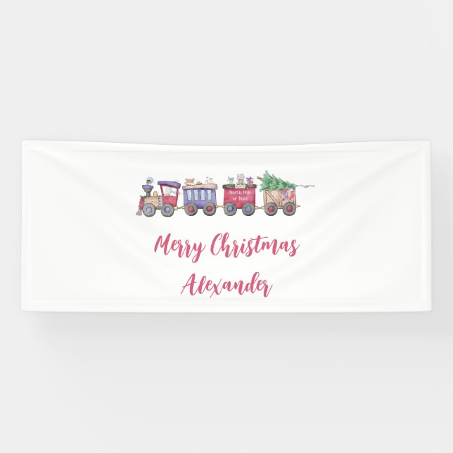 North Pole or Bust Personalised Train Cute Animals Banner (Horizontal)