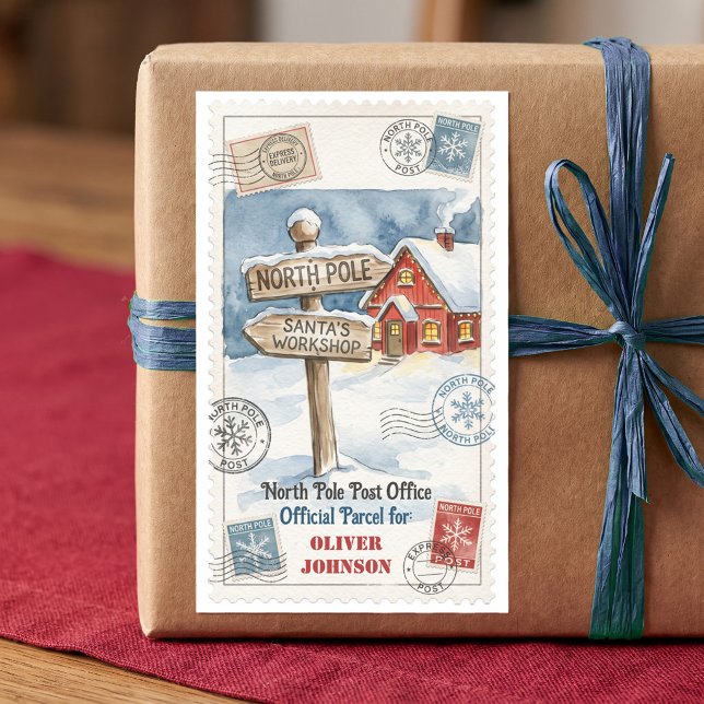 North Pole Post Office Official Parcel Rectangular Sticker (Personalized North Pole Special Delivery Christmas Sticker by Darling & May)