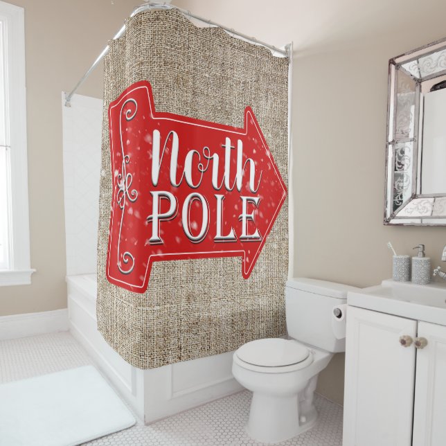 North Pole Red Arrow Rustic Christmas Holiday Shower Curtain (In Situ)