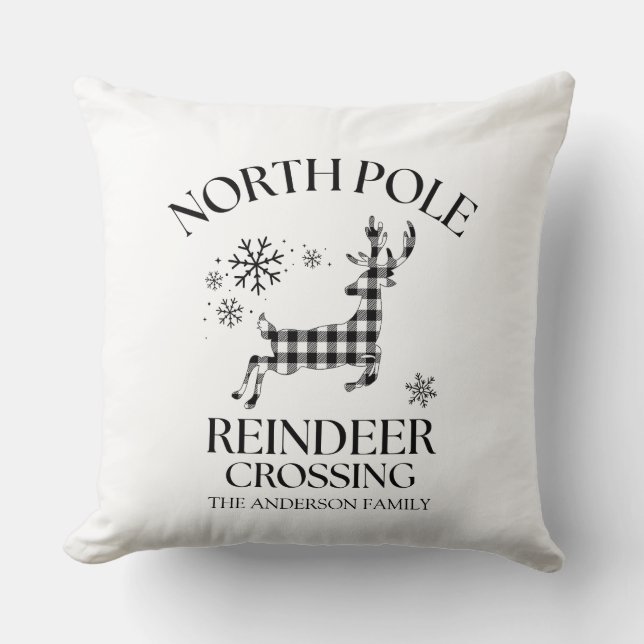 North Pole Reindeer Crossing Buffalo Plaid Cushion (Front)