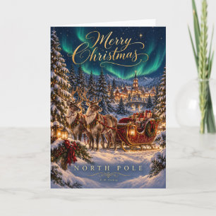 North Pole Reindeer Sleigh Merry Christmas Card