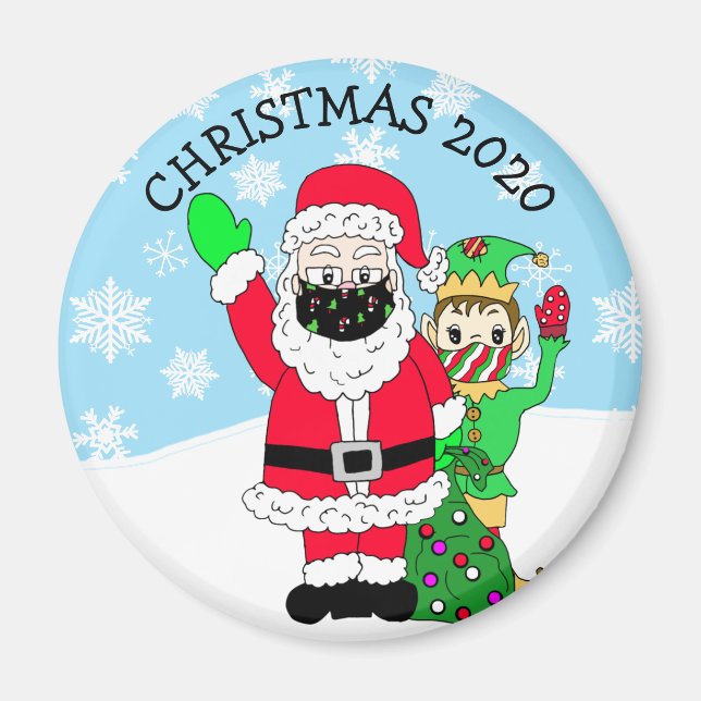 North Pole Santa and Elf in Facemask 2020 Keepsake Magnet (Front)