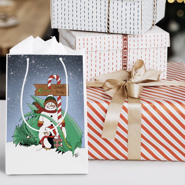 North Pole Snowman Dragon Penguin Christmas Medium Gift Bag (Creator Uploaded)