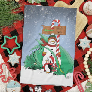 North Pole Snowman Dragon Penguin Christmas Tea Towel