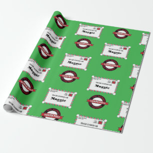 North Pole Special Delivery Child's Name Green Red Wrapping Paper