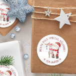 North Pole Special Delivery Cute Santa & Reindeer Classic Round Sticker<br><div class="desc">North Pole Special Delivery Christmas stickers for kids gifts,  personalised with your child's name. The wording is lettered in whimsical typography and is fully editable. This cute watercolor illustration has Santa Claus with his reindeer and a cardinal.</div>