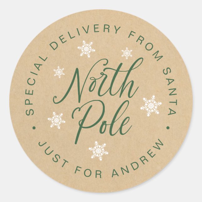 North Pole Special Delivery Kraft Brown Custom Cla Classic Round Sticker (Front)
