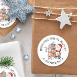 North Pole Special Delivery Santa and Reindeer Classic Round Sticker<br><div class="desc">North Pole Special Delivery Christmas stickers for kids gifts,  personalised with your child's name. The wording is lettered in whimsical typography and is fully editable. This cute watercolor illustration has Santa Claus with his reindeer and sleigh filled with presents.</div>