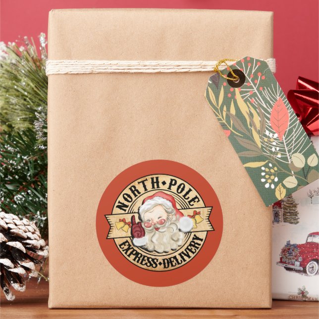 North Pole Special Delivery Santa Classic Round Sticker (Holiday)