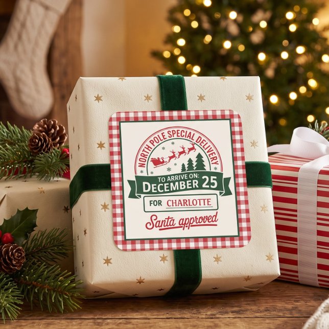 North Pole Special Santa Delivery Plaid Square Sticker (Creator Uploaded)