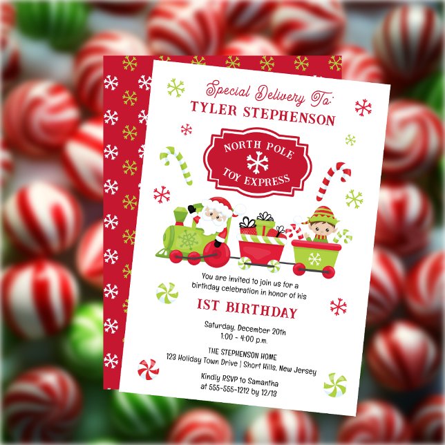 North Pole Toy Express Train 1st Birthday Party Invitation (North Pole Christmas Holiday 1st Birthday Party Invitation)