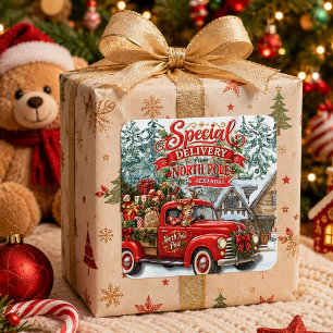 North Pole Truck Special Delivery Custom Name Square Sticker