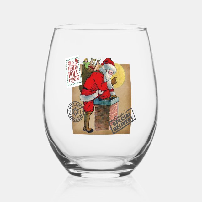 North Pole Vintage Santa Stemless Wine Glass (Front)