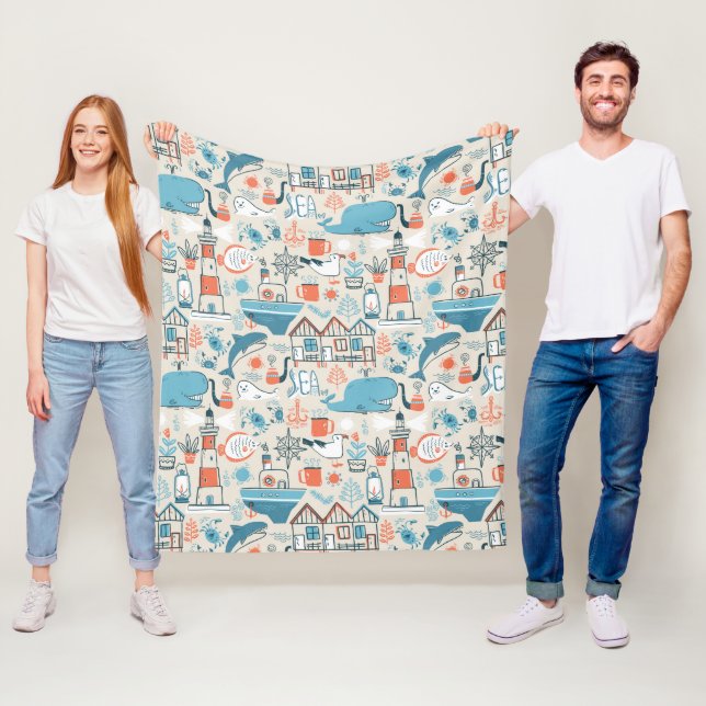 North Sea Cute Doodle Pattern Fleece Blanket (In Situ)