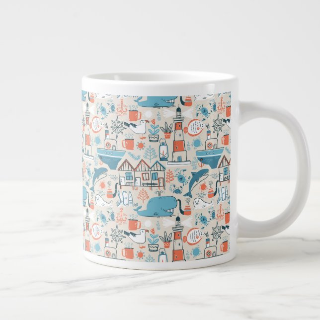 North Sea Cute Doodle Pattern Large Coffee Mug (Right)