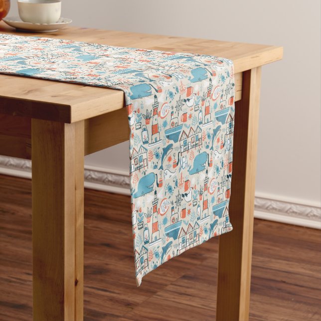 North Sea Cute Doodle Pattern Short Table Runner (In Situ)