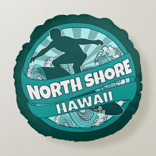 North Shore Hawaii teal surfer logo round pillow (Front)