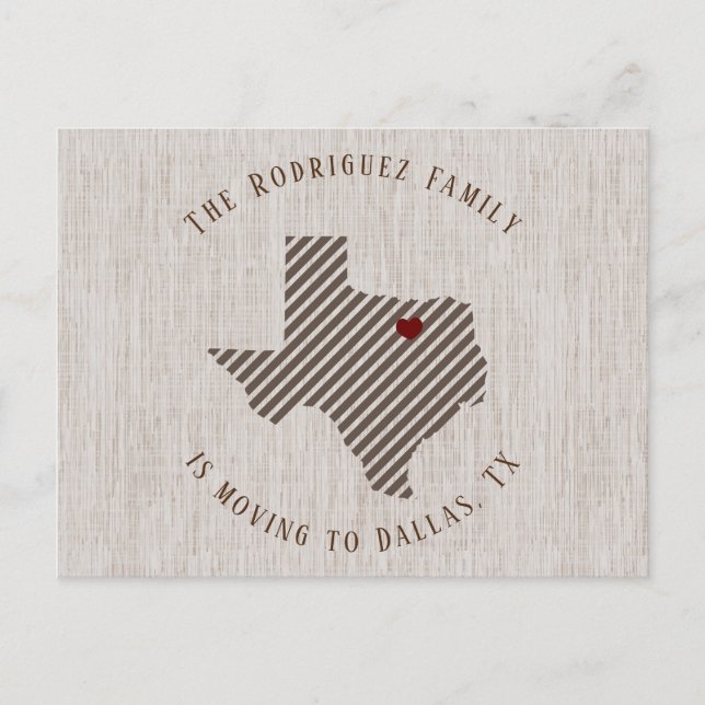 North Texas Brown Linen and Heart Texas Moving Announcement Postcard (Front)