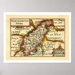 Northamptonshire County Map, England Poster