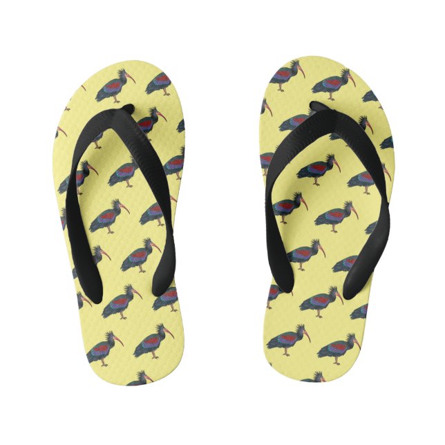 Northern bald ibis bird cartoon illustration kid's jandals (Footbed)