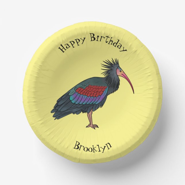 Northern bald ibis bird cartoon illustration  paper plate (Front)