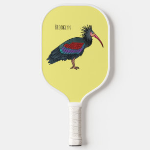 Northern bald ibis bird cartoon illustration pickleball paddle