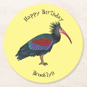 Northern bald ibis bird cartoon illustration round paper coaster