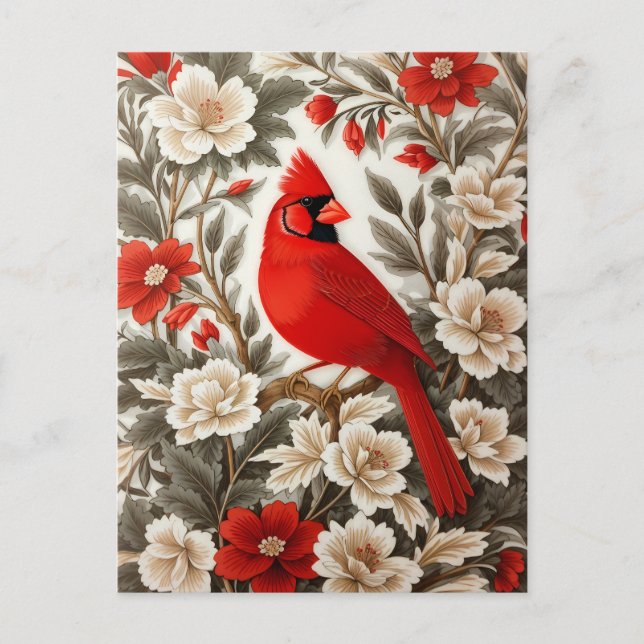 Northern Cardinal Bird Beautiful Floral Postcard (Front)