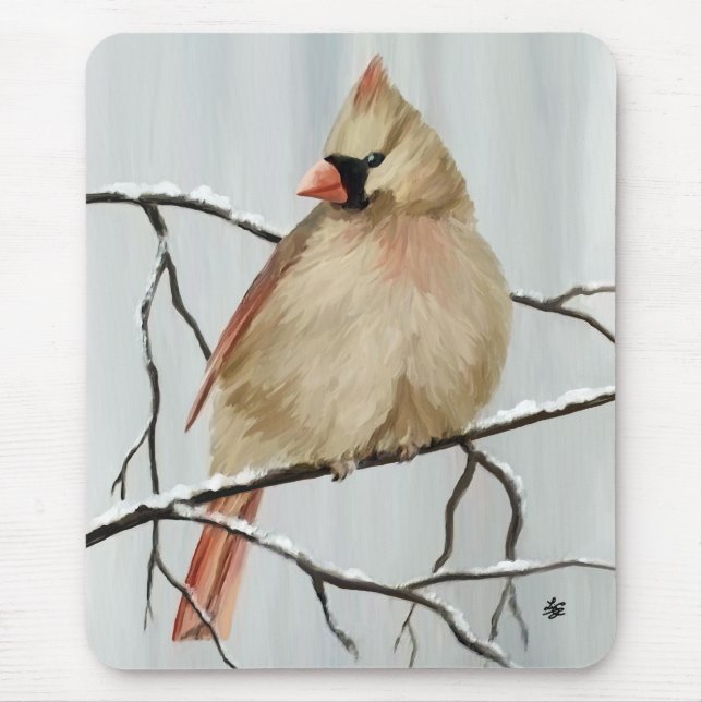 Northern Cardinal Bird In Winter Mouse Pad (Front)