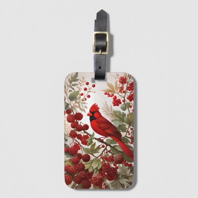 Northern Cardinal Bird Red Berries Luggage Tag (Front Vertical)