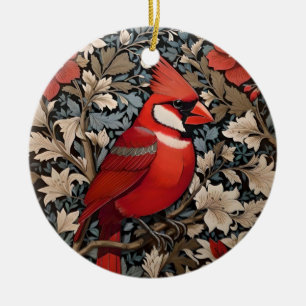 Northern Cardinal Bird William Morris Inspired Ceramic Tree Decoration