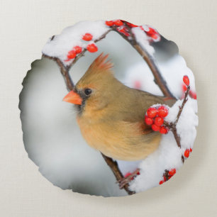 Northern Cardinal female on Common Winterberry Round Cushion