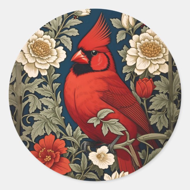 Northern Cardinal Floral William Morris Inspired Classic Round Sticker (Front)