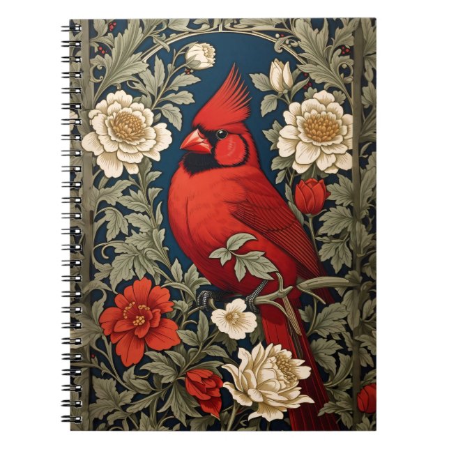 Northern Cardinal Floral William Morris Inspired Notebook (Front)