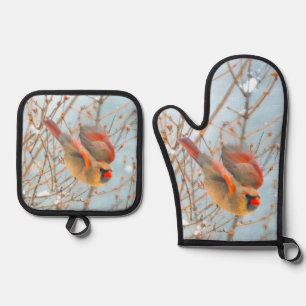 Northern Cardinal Flying in Snow Original Photo Oven Mitt & Pot Holder Set