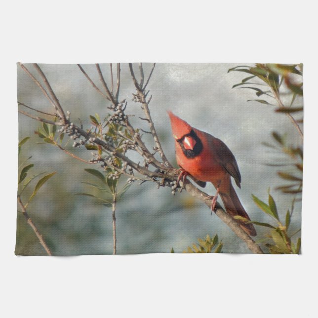 Northern Cardinal in Wax Myrtle Tea Towel (Horizontal)