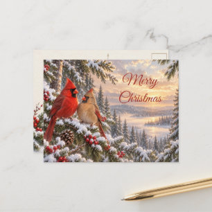 Northern Cardinal Pair Christmas Snowy Woodland Holiday Postcard