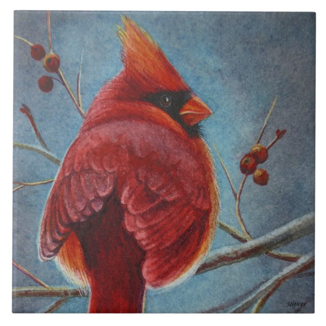 Northern Cardinal Red Bird Berries Watercolor Art Tile (Front)