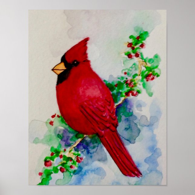 Northern Cardinal Red Bird Watercolor Poster (Front)